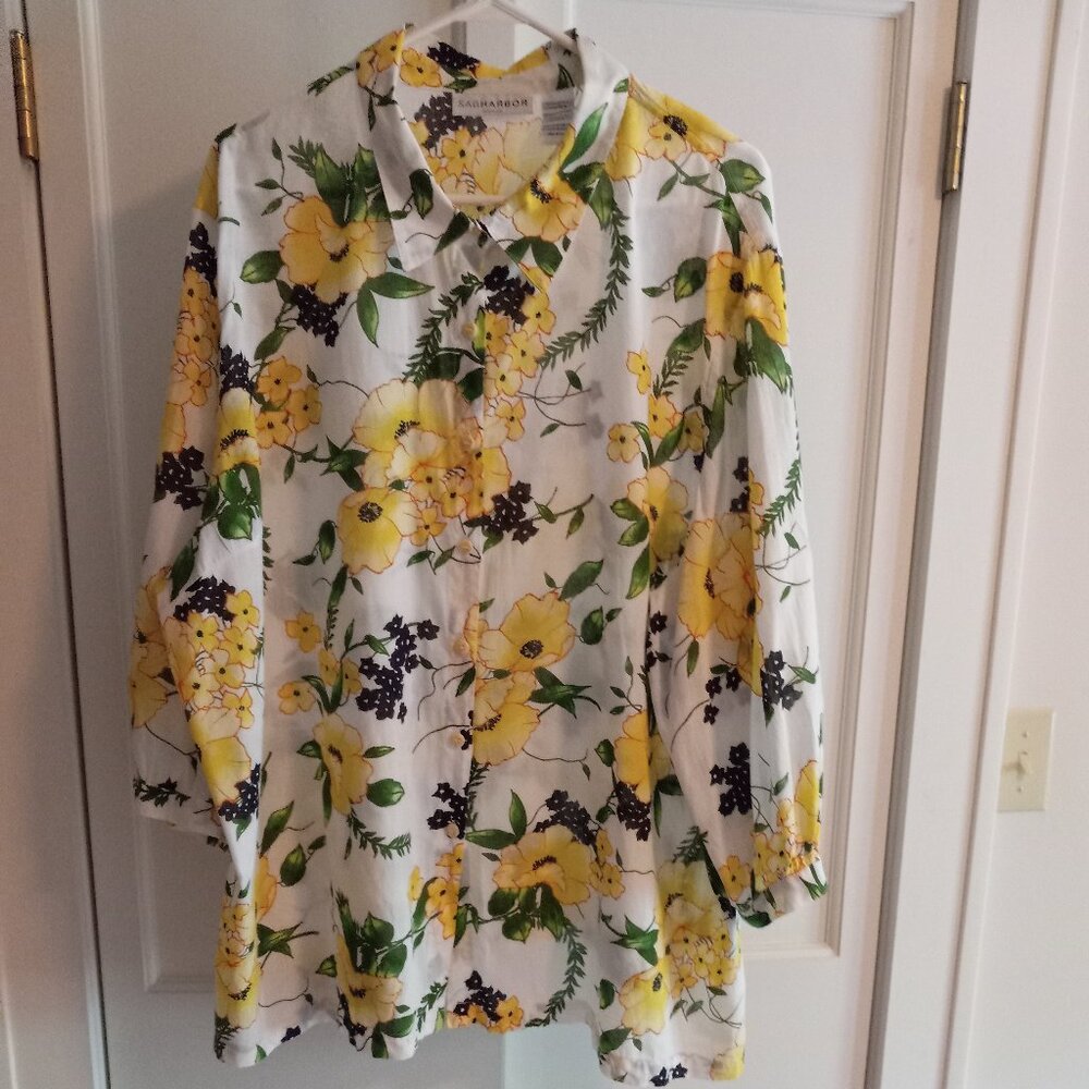 Beautiful Sag Harbor Floral Blouse 100% Cotton Yellow White Green Black 3X